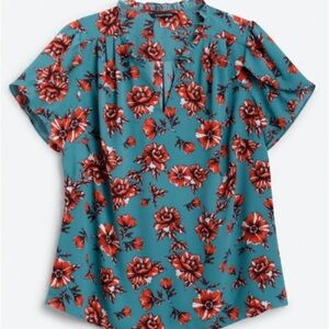 Floral Print Women's Top - Teal and Red